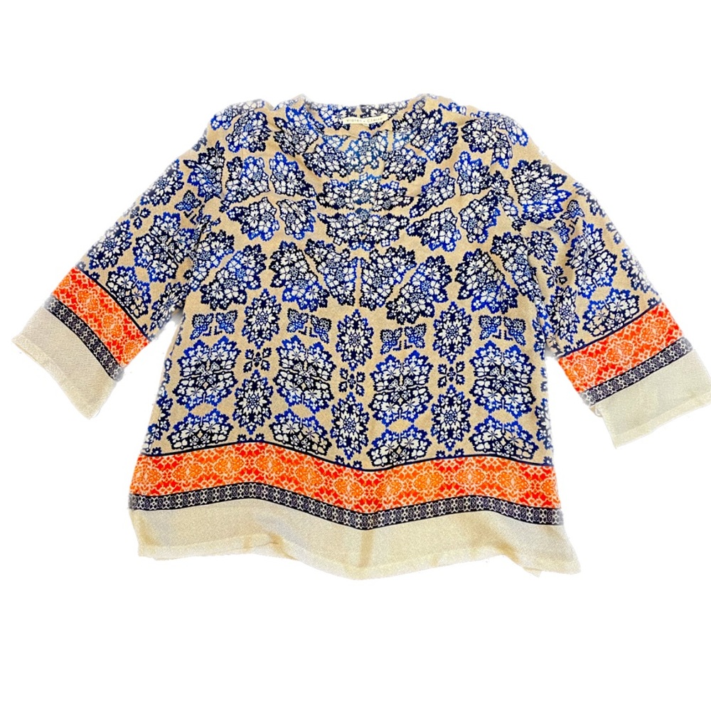 Violet + Claire Moroccan Geometric Floral Print Popover Blouse Blue Tan Orange